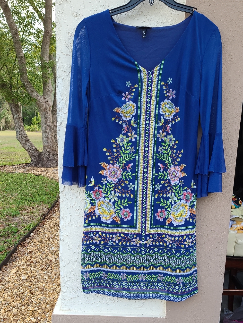 Allison Brittany Dress Boho Bell Long Sleeve Floral Blue Midi V-Neck Stretch S